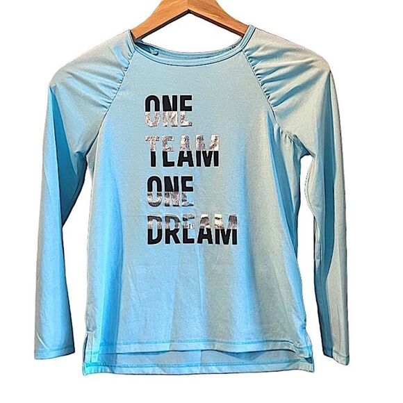 DSG One Team One Dream Graphic Long Sleeve Workout Tee Girls M/10-12 Light Blue - Picture 1 of 11